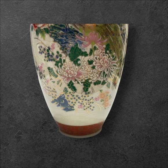 Vintage Japan Satsuma Floral Peacock 10 1/2” Vase Crackle Pattern - Picture 7 of 13